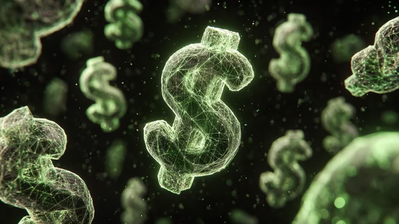 Dynaaminen visualisointi rahasta digitaalisessa maailmassa, esittäen leijuvia vihreitä dollarimerkkejä symboloiden vaurautta ja finanssiteknologiaa.