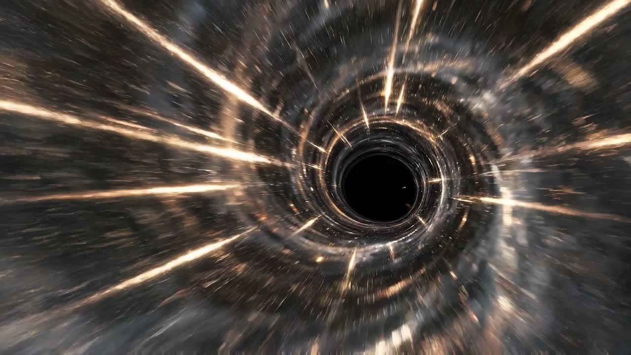 Viaggio spaziale astratto attraverso un wormhole dorato