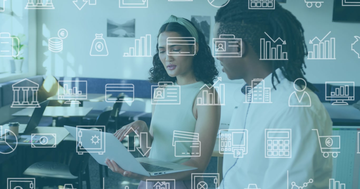 Animation of multiple icons over diverse coworkers discussing reports on laptop in office
