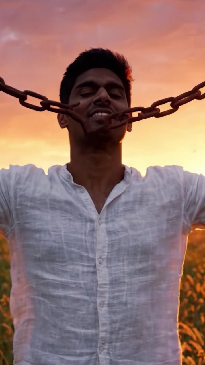 A Brave Individual Breaks Free from Chains Against a Beautiful Sunset Backdrop, Representing Liberation, Strength, and Transformation in the Face of Adversity