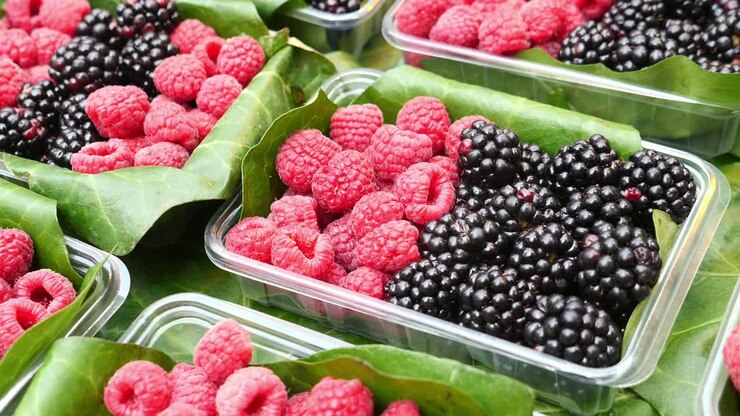 Close-up of Fresh Blackberries and Raspberries in Plastic Containers