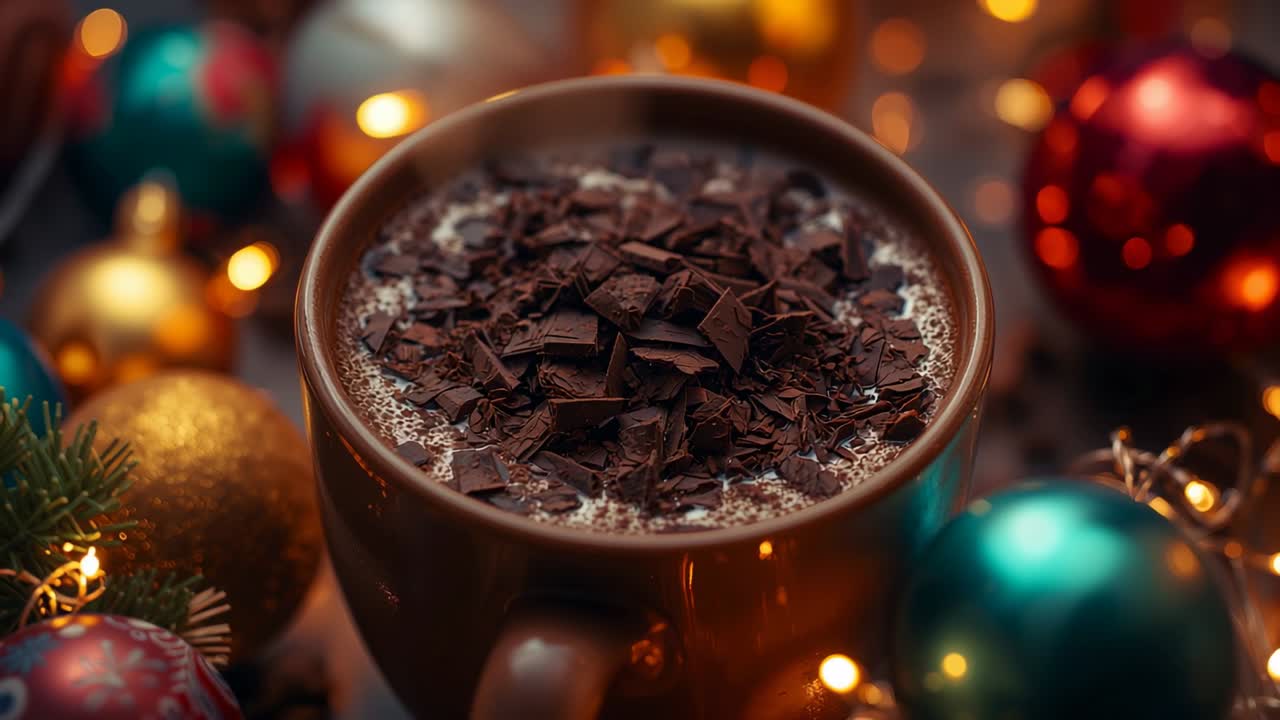 Steaming ceramic mug sitting on tabletop with chocolate shavings, baubles and string lights