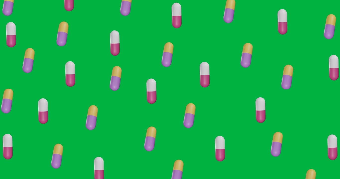 Animazione di pillole multicolori che si muovono su sfondo trasparente.