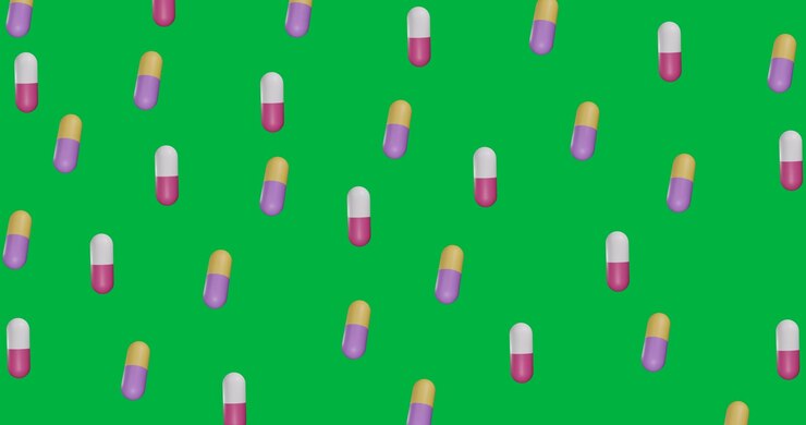 Animazione di pillole multicolori che si muovono su sfondo trasparente.