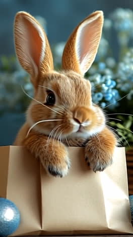 cute rabbit with easter eggs and flowers. a small rabbit sits in a paper bag surrounded by decorated eggs and blue flowers during a festive spring setting.