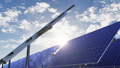 solar farm and energy panels against blue cloudy sky and sun sunshine loopable