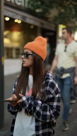 young woman walking in city street