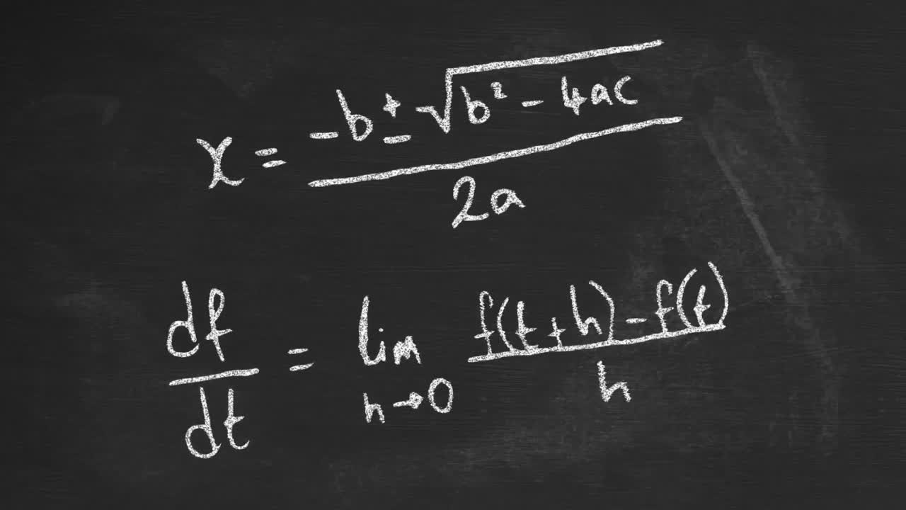 animación de fórmulas matemáticas que se mueven en el fondo de la pizarra negra