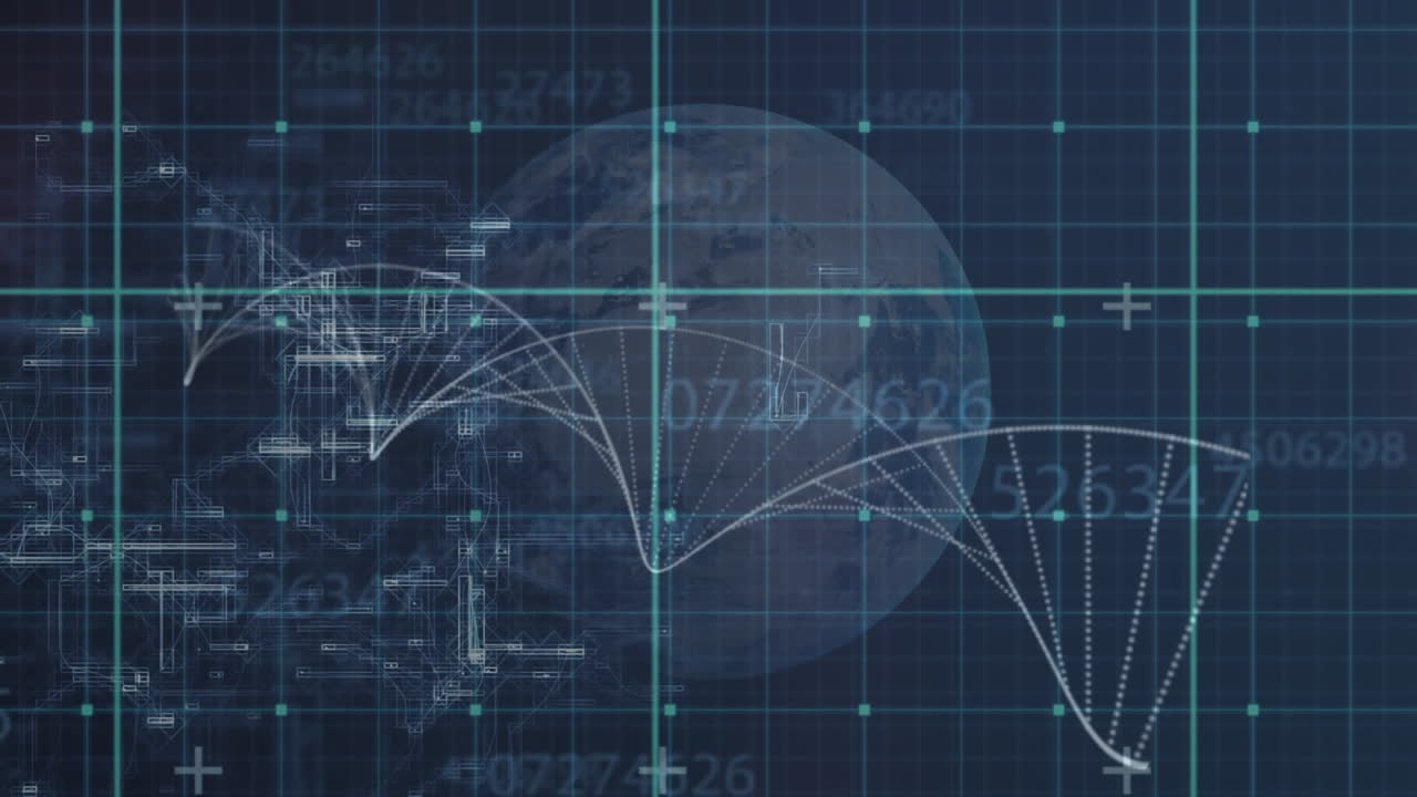 A digital animation of a blue 3d dna strand spinning on a globe and changing numbers
