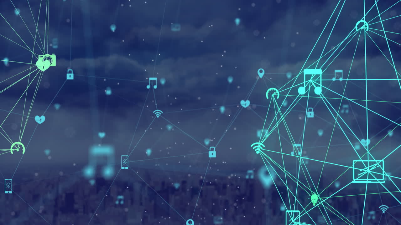 Globe of digital icons and network of connections icons against cityscape