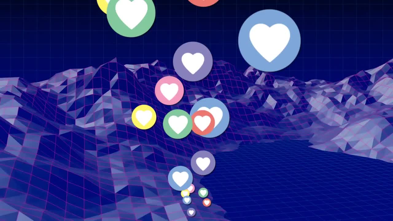 검은색 배경에 회전하는 3d 구조 위에 여러 가지 다채로운 심장 아이콘의 디지털 애니메이션