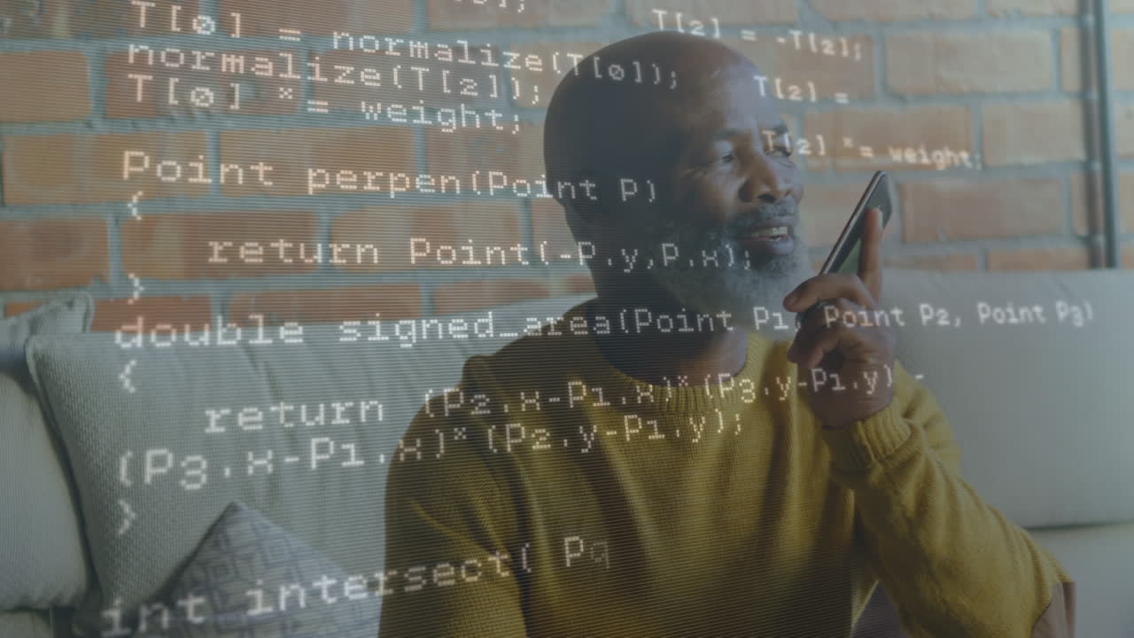 Data processing over african american senior man talking on smartphone sitting on the couch at home