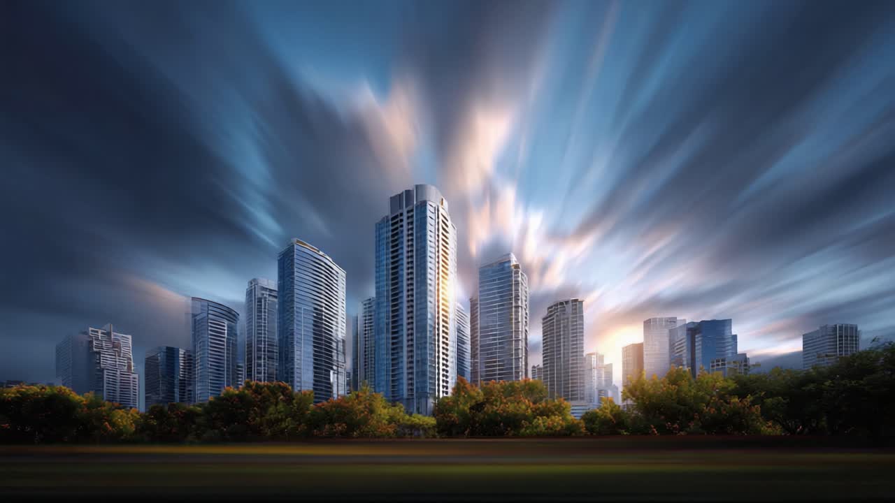 A Stunning City Skyline Transitioning from Daylight to Nightfall, Showcasing Modern Architecture Against a Backdrop of Dramatic Sky and Urban Landscape