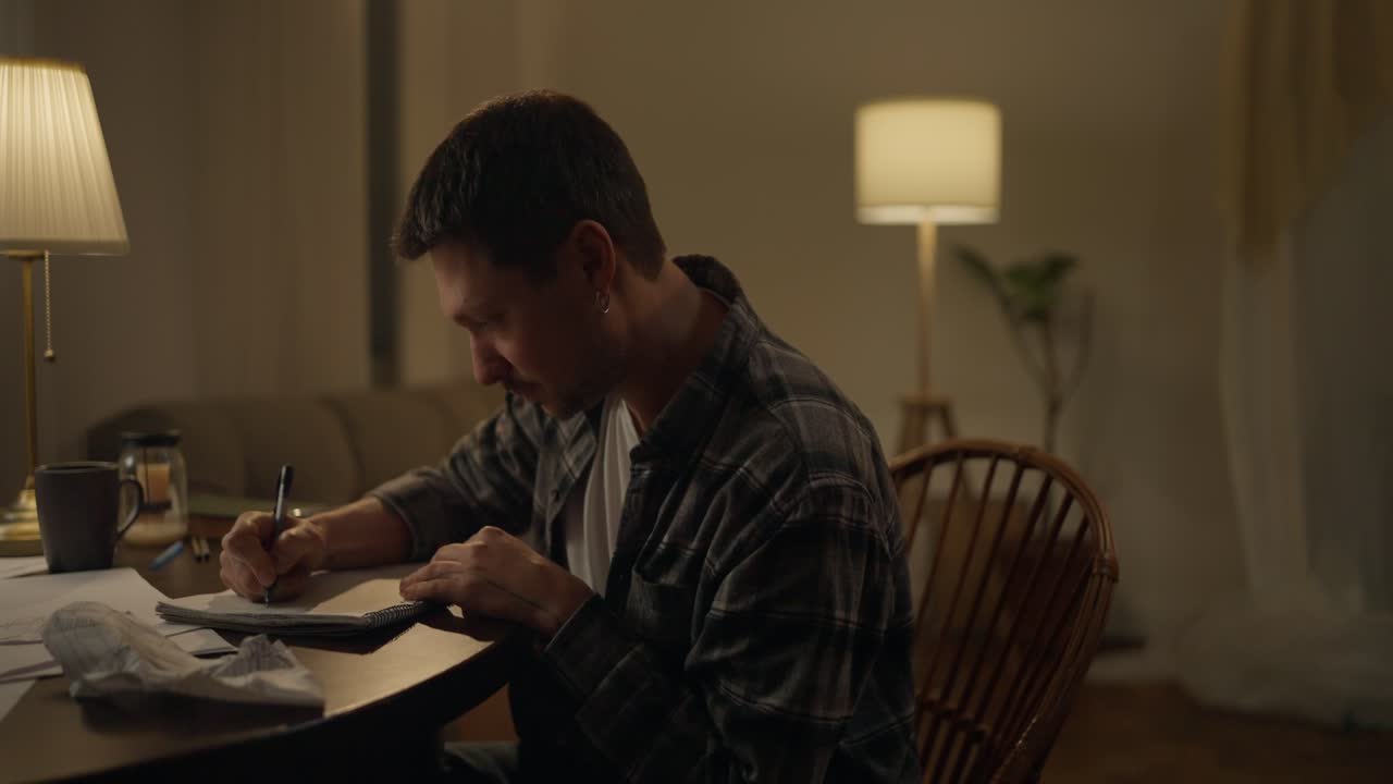 Man working at home at night