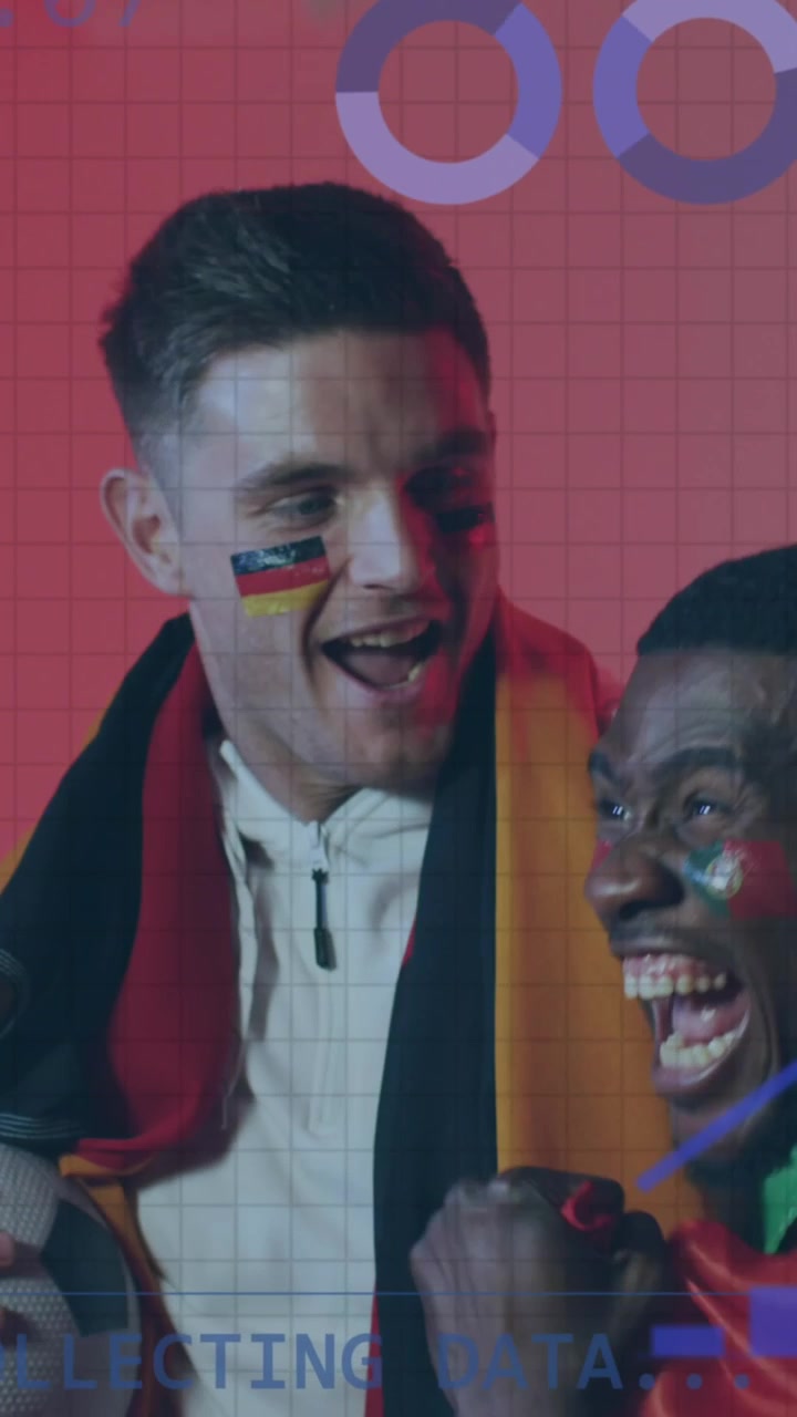 Animazione di grafici su interfaccia su tifosi di calcio maschi diversi ed esultanti con sciarpa, pallone e bandiera