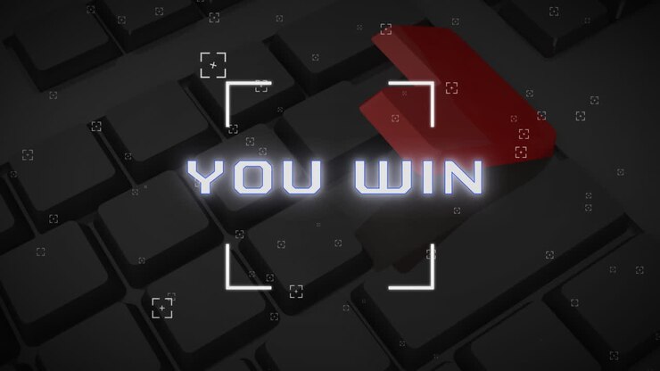 Animation of data processing and you win text over keyboard