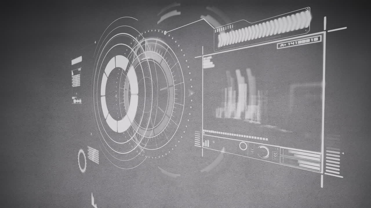 회색 배경에 있는 원형 스캐너와 인터페이스 화면의 데이터 처리 애니메이션