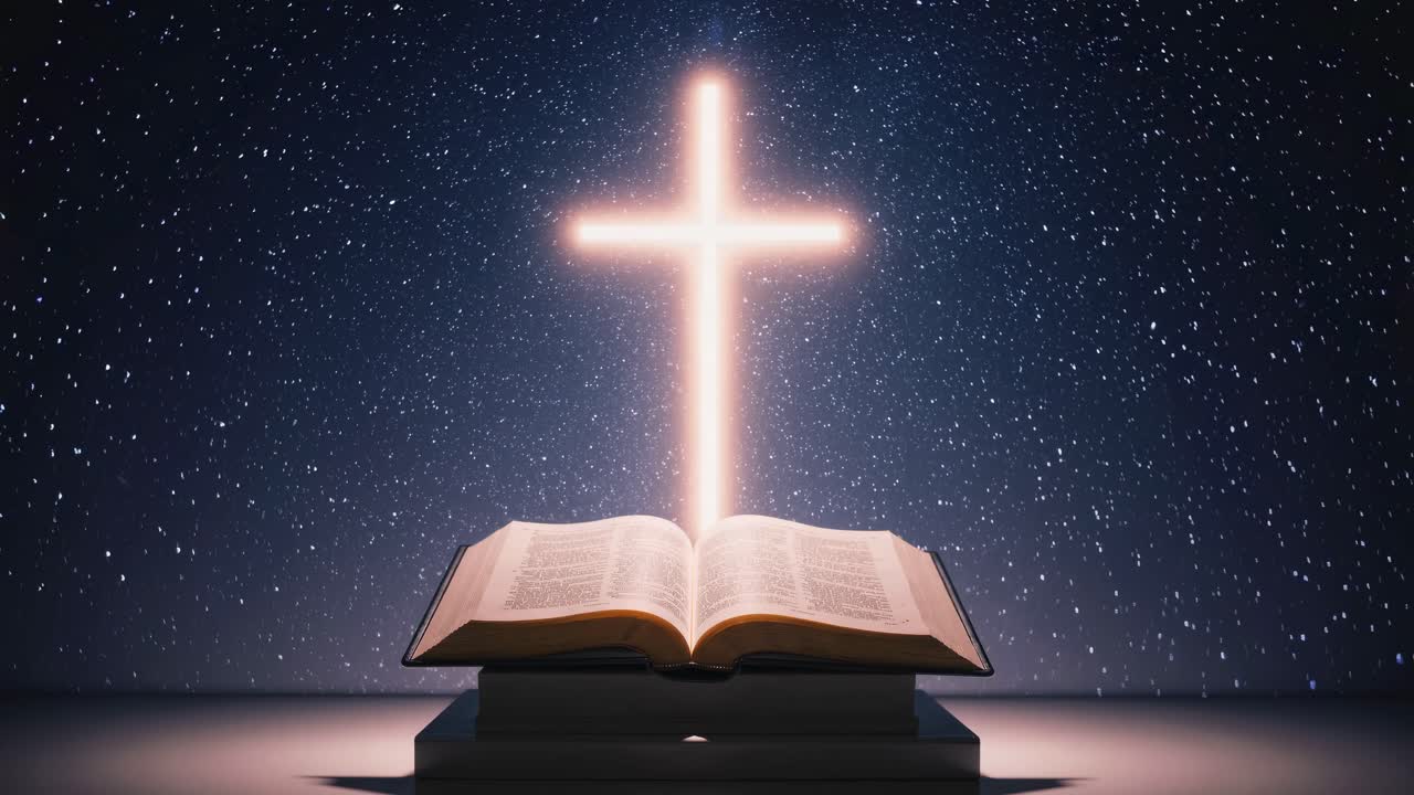 A glowing cross hovers above an open book against a starry night sky