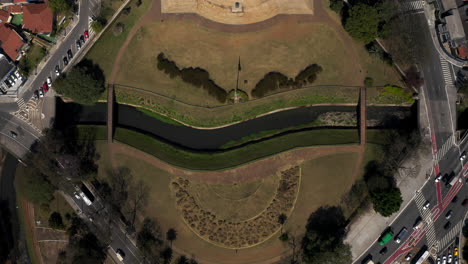 Zenith-top-down-shot-of-the-creek-source-of-the-Ipiranga-River-in-SÃ£o-Paulo,-where-the-independence-of-Brazil-was-proclaimed-by-Dom-Pedro-I-in-September,-07-of-1822,-pulling-out