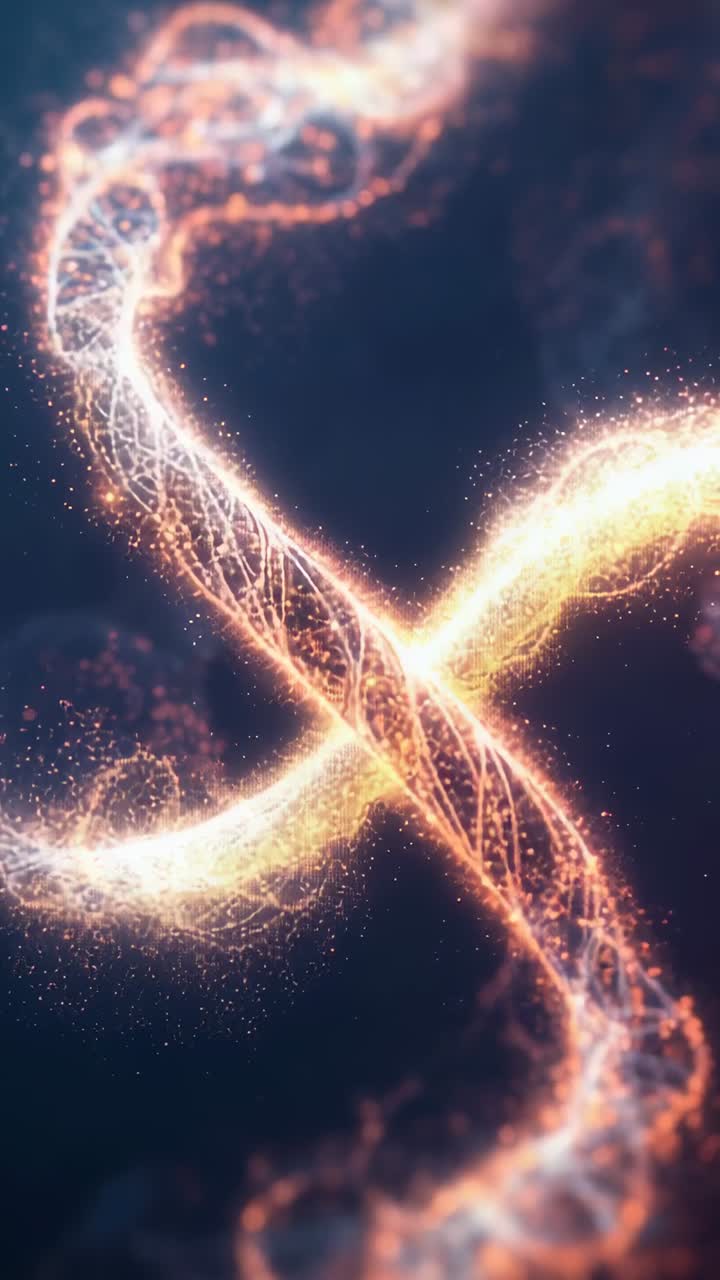 Vertical video: Forming X, two luminous ribbons undulating in vertical indigo space, emitting nodes