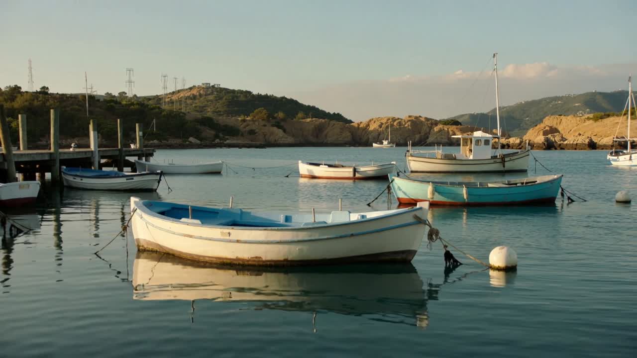 Piccola barca a remi bianca che ondeggia e si sposta sull'acqua calma del porto per una leggera brezza, mostrando una boa e un molo.