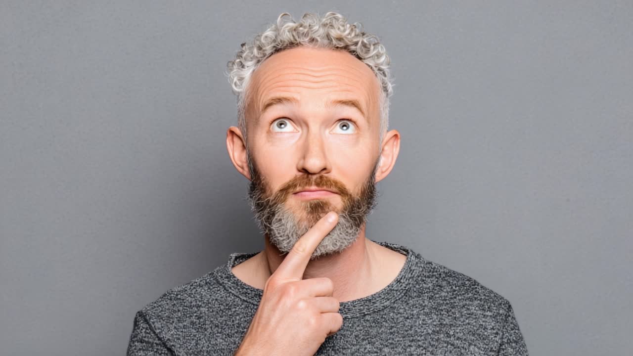 A Thoughtful Man Ponders Life's Questions with Curly Hair and a Beard Against a Neutral Background, Showcasing Contemplation and Introspection