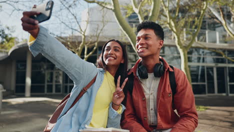 Selfie,-Signo-De-La-Paz-Y-Sonrisa-Con-Una-Pareja