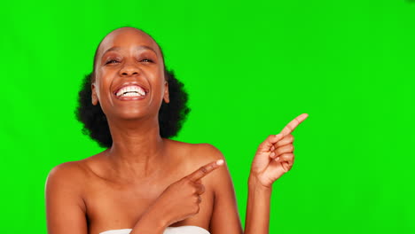 Face-beauty,-black-woman-and-green-screen-pointing