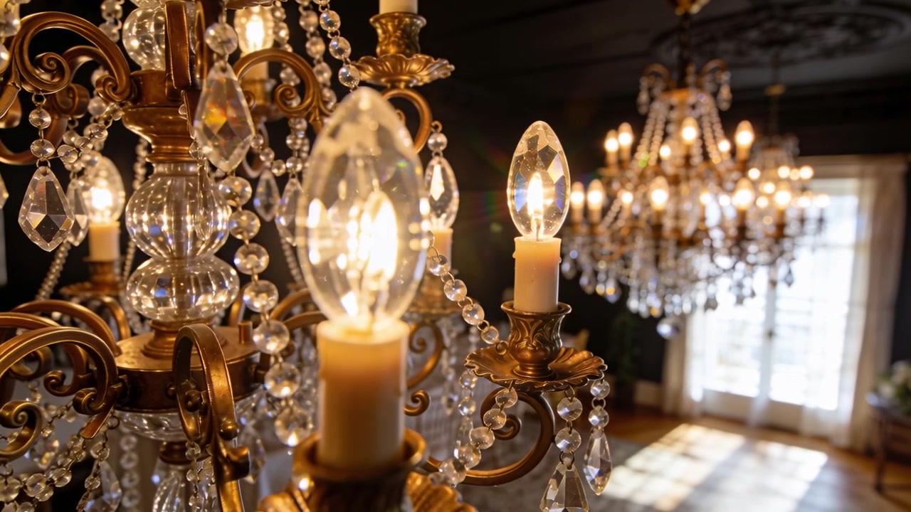 Die Kamera bewegt sich vorwärts und enthüllt einen verzierten Kristallleuchter in einer eleganten Eingangshalle, der feine Metallarbeiten zeigt.