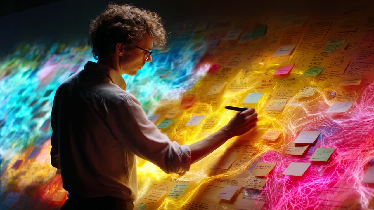 Creative Brainstorming Session: Individual Engaging with Colorful Sticky Notes on Wall, Capturing Innovation, Ideas, and Collaboration in a Dynamic Work Environment