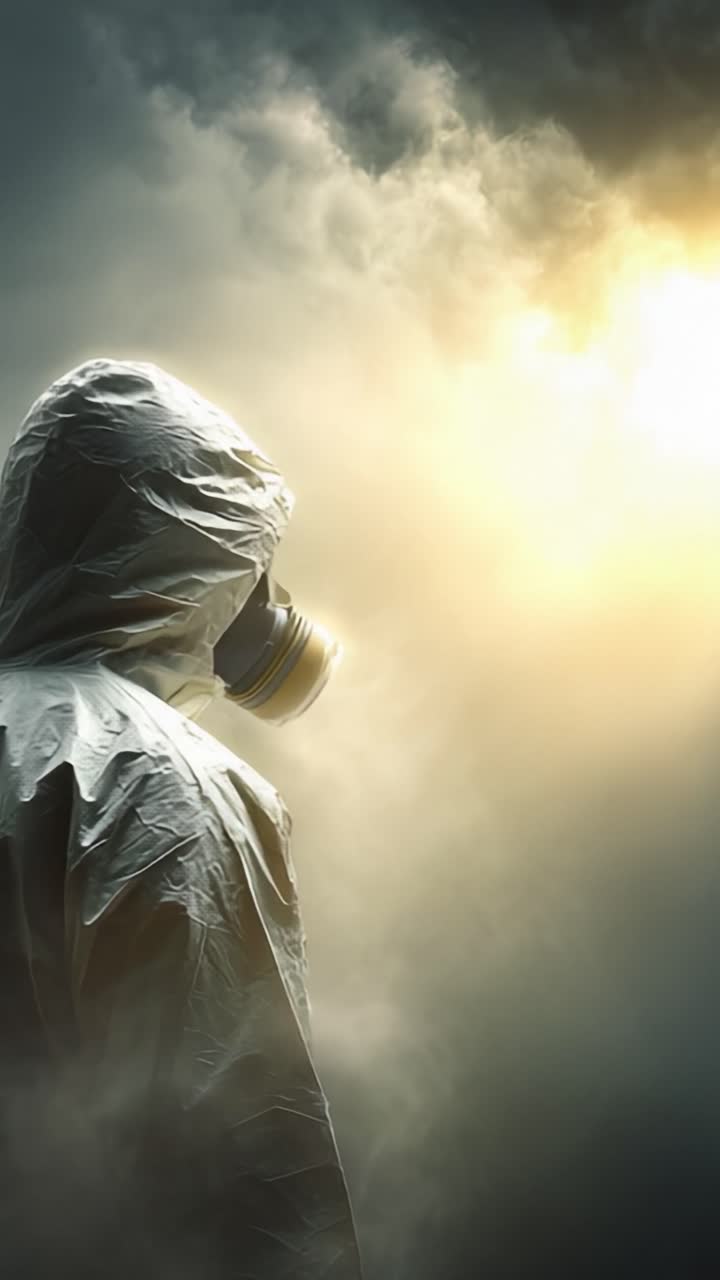 Una figura vestita con una tuta protettiva e una maschera si staglia su uno sfondo drammatico pieno di nuvole, simboleggiando sicurezza e preparazione in ambienti pericolosi.