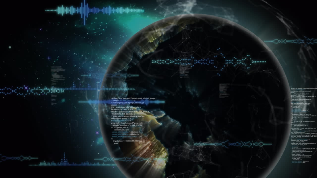Animation of financial data processing over globe