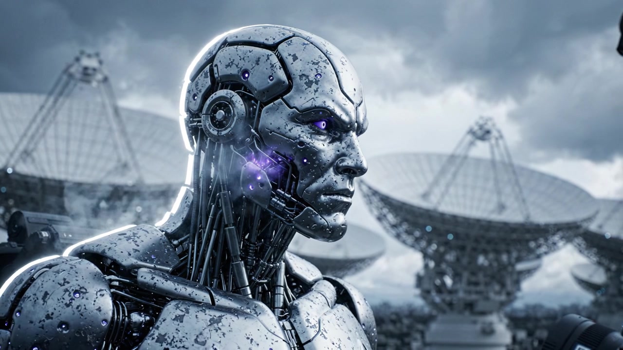 Un androide futuristico si erge su uno sfondo di parabole satellitari, mettendo in mostra tecnologia avanzata e un intricato design metallico con illuminazione e atmosfera drammatiche.