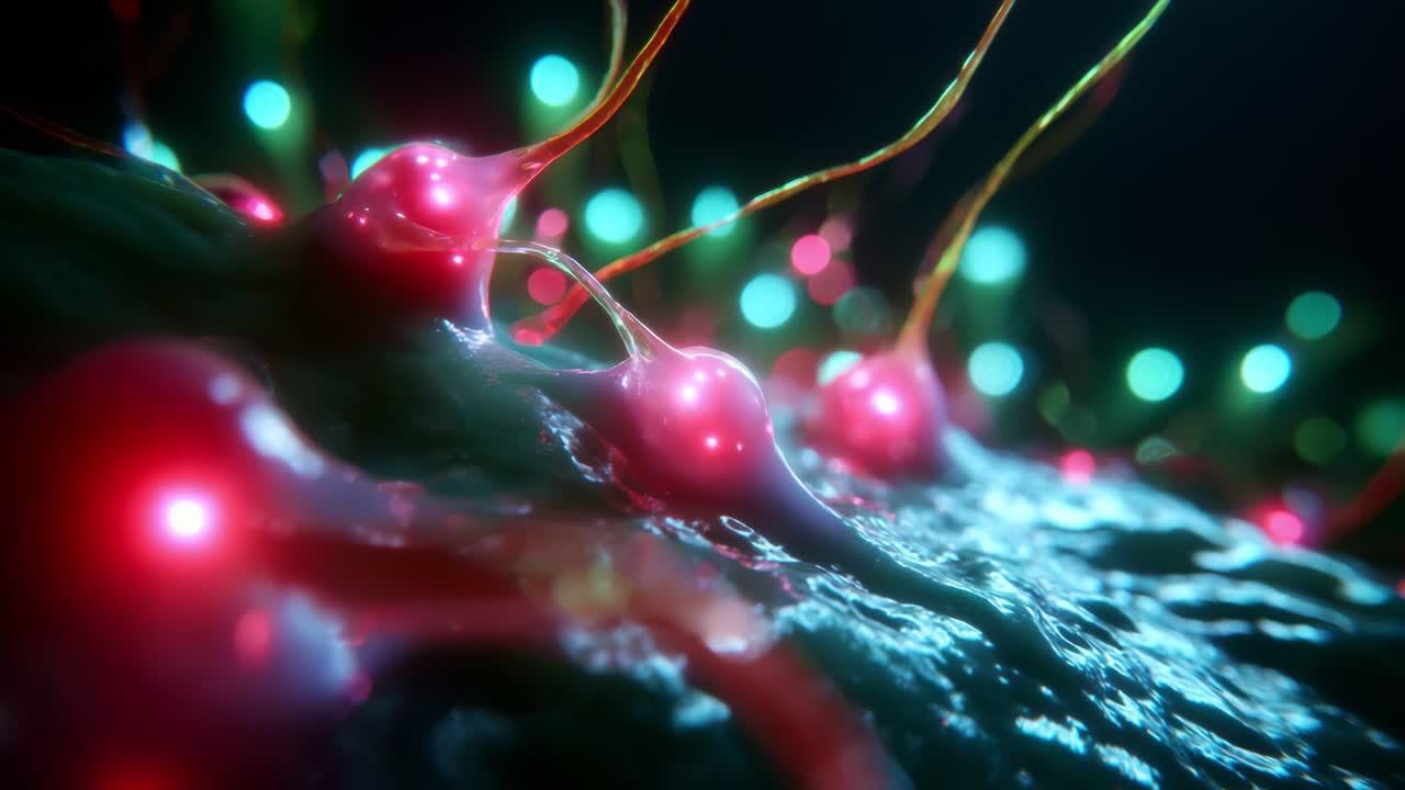 A close-up view of brightly colored cells pulsating with luminescent light, showcasing their intricate structures and vibrant connections, highlighting the beauty and complexity of biological processes at a microscopic level