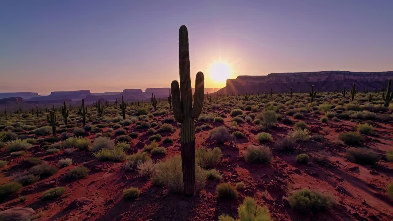 Un video aereo cattura un vasto paesaggio desertico al tramonto, con cactus sparsi sul terreno