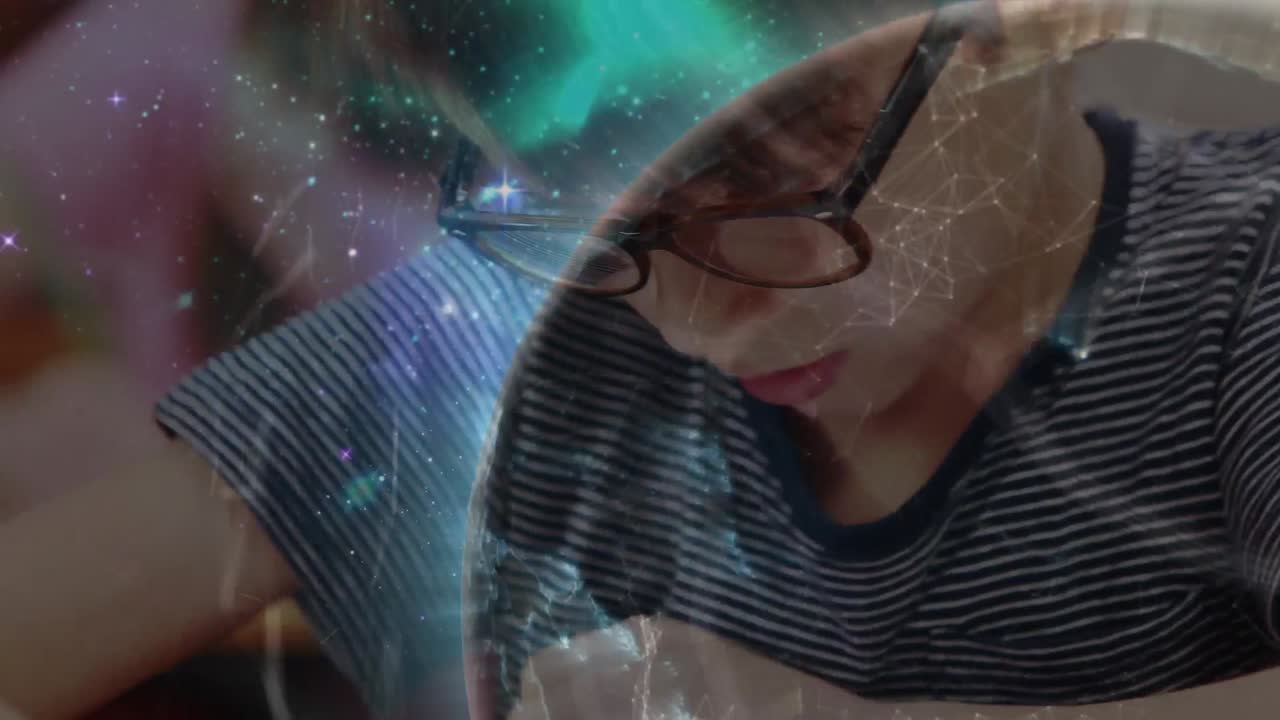 animación de redes de conexiones y globo digital sobre diversos escolares