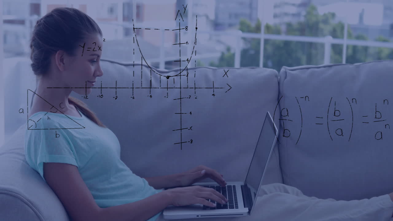 Mathematical equations and graphs animation over woman using laptop on couch