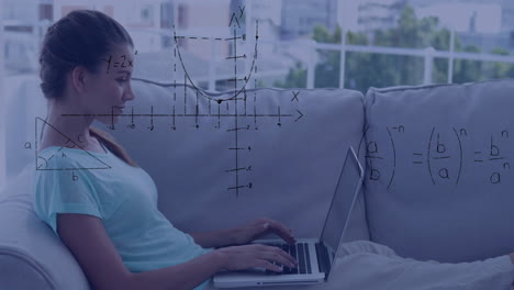 Mathematical-equations-and-graphs-animation-over-woman-using-laptop-on-couch