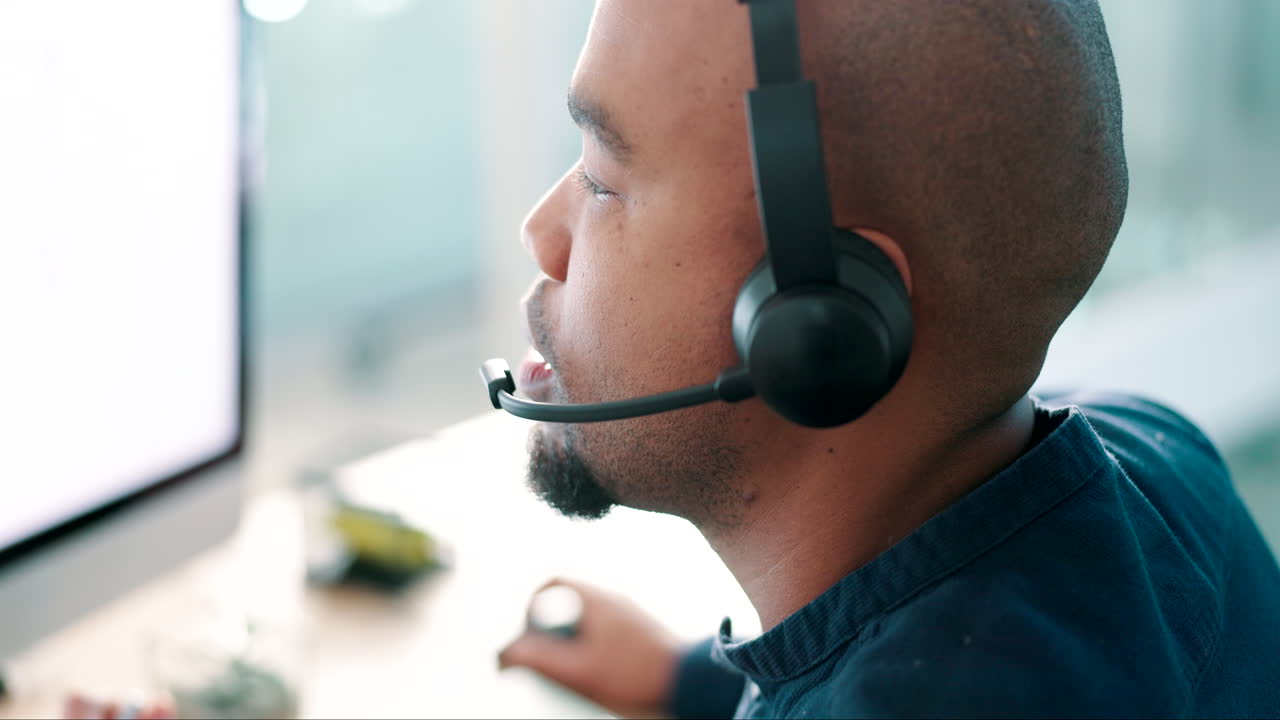 Call center, talking or man on computer