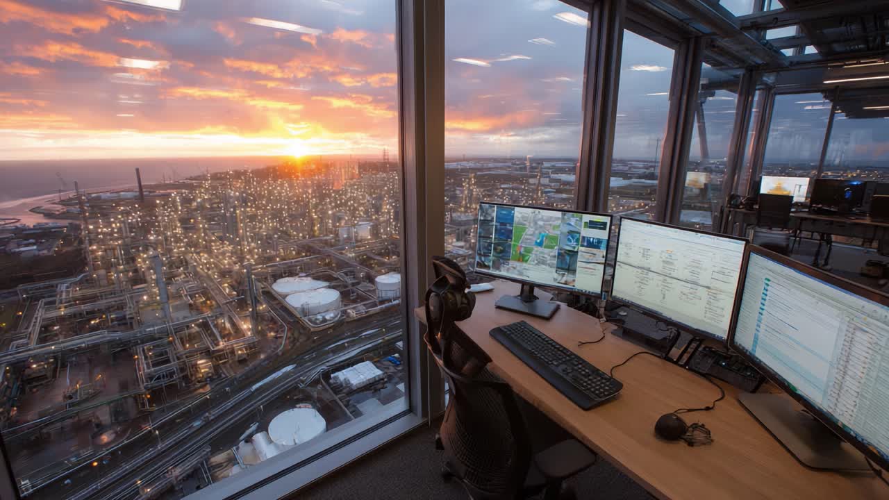Vista noturna deslumbrante de uma sala de controle moderna, com vista para uma paisagem urbana industrial ao entardecer e um pôr do sol vibrante no plano de fundo.