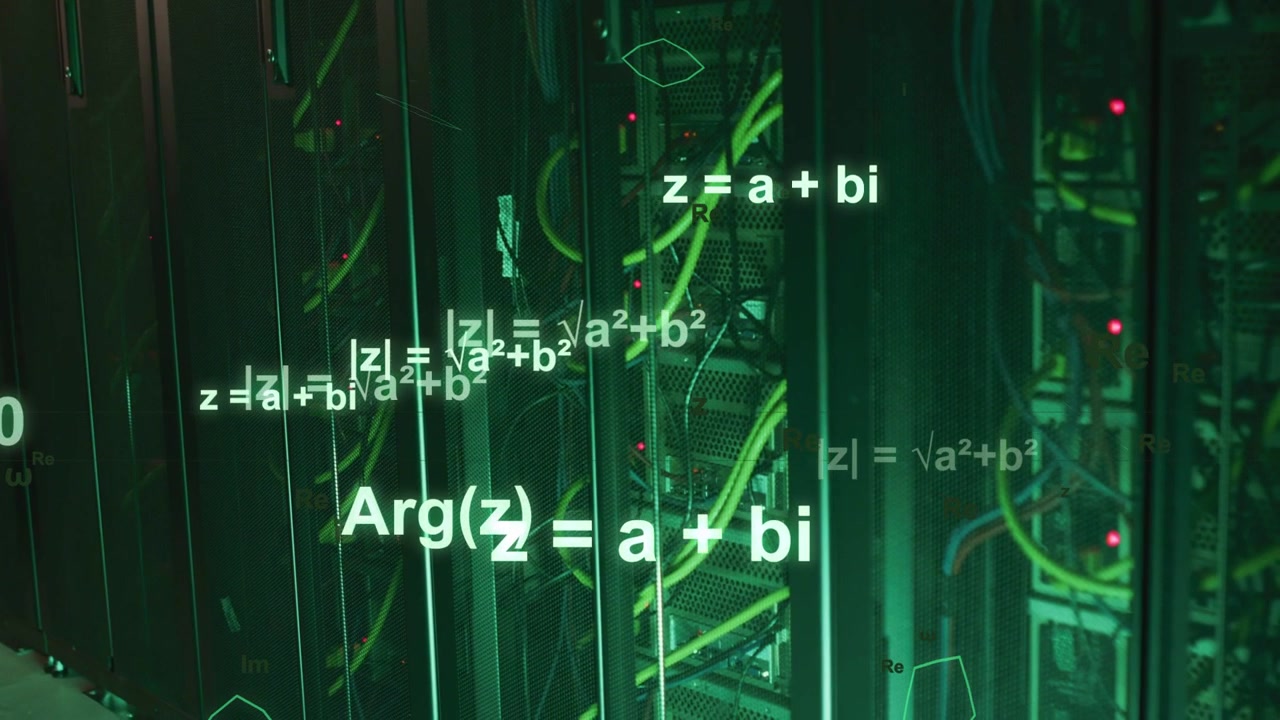 Faint formulas appearing, centering and copying Arg(z) over rack with green cables visualizing math