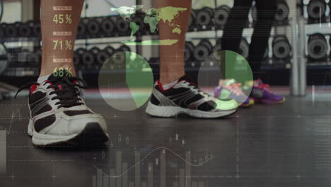 feet in motion at gym with fitness data and world map animation overlay