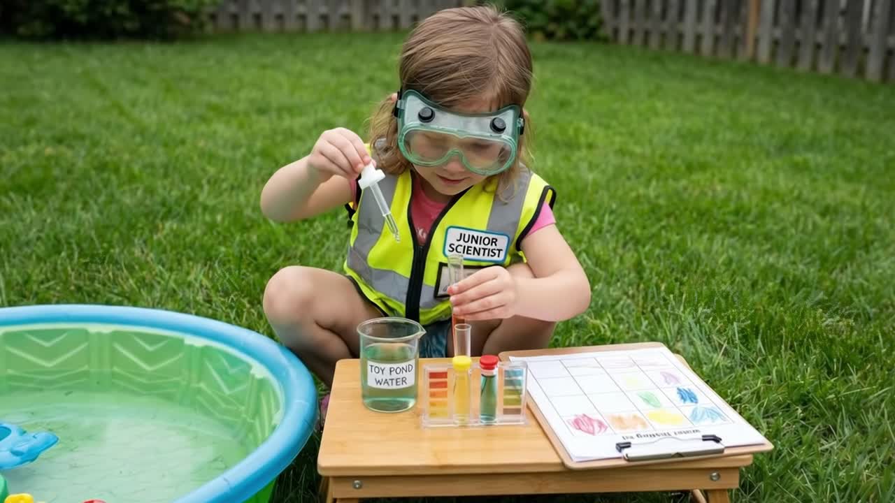 Nuori tyttö leikkii nuorta tiedenaista veden testaussarjan kanssa ulkona