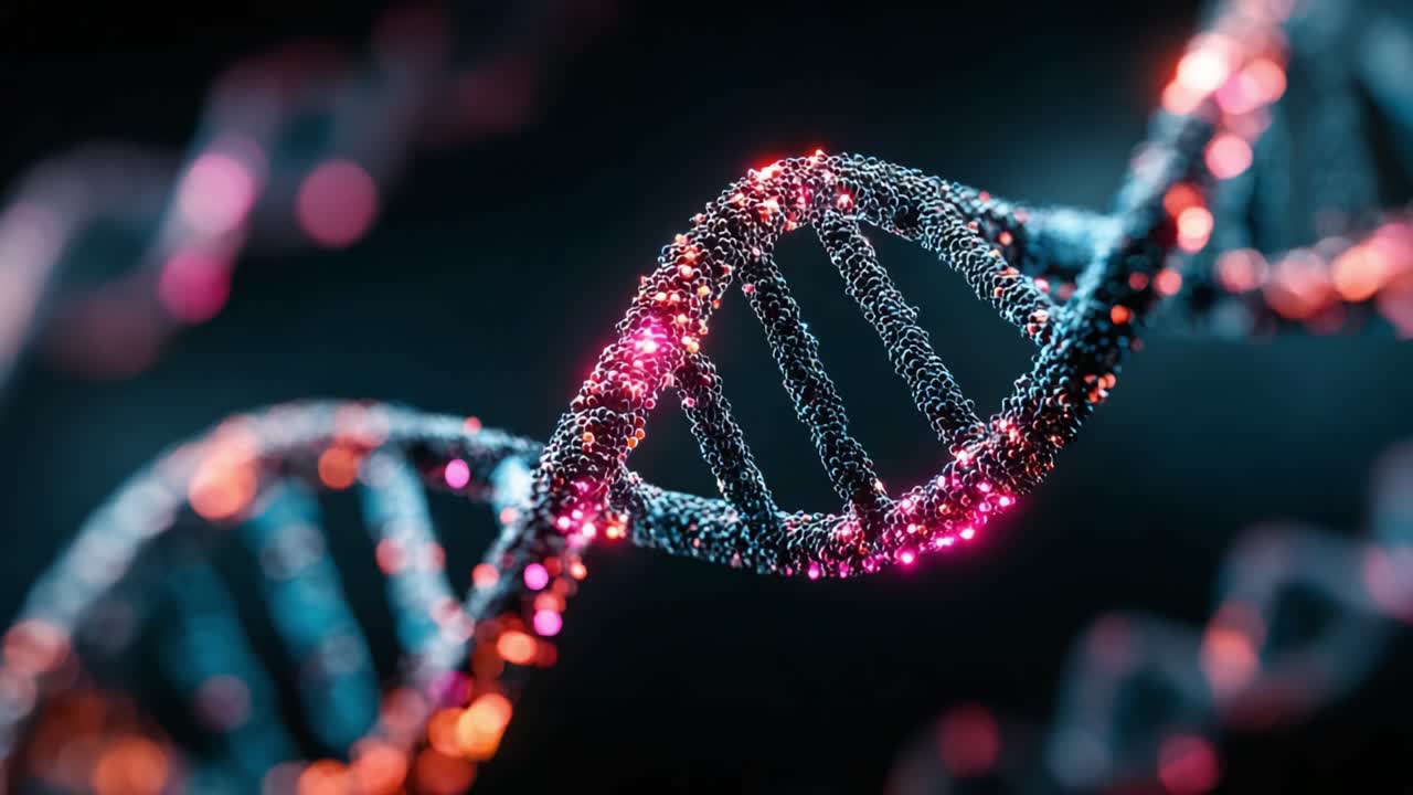 Un intricato primo piano di una doppia elica di DNA ritorta che mostra una straordinaria gamma di colori e modelli, catturando la complessità delle strutture genetiche in un design meravigliosamente astratto