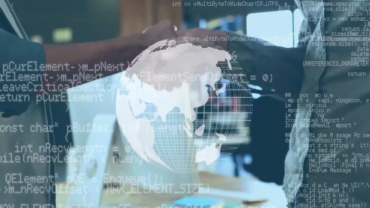 mujeres de negocios dándose la mano y el globo girando