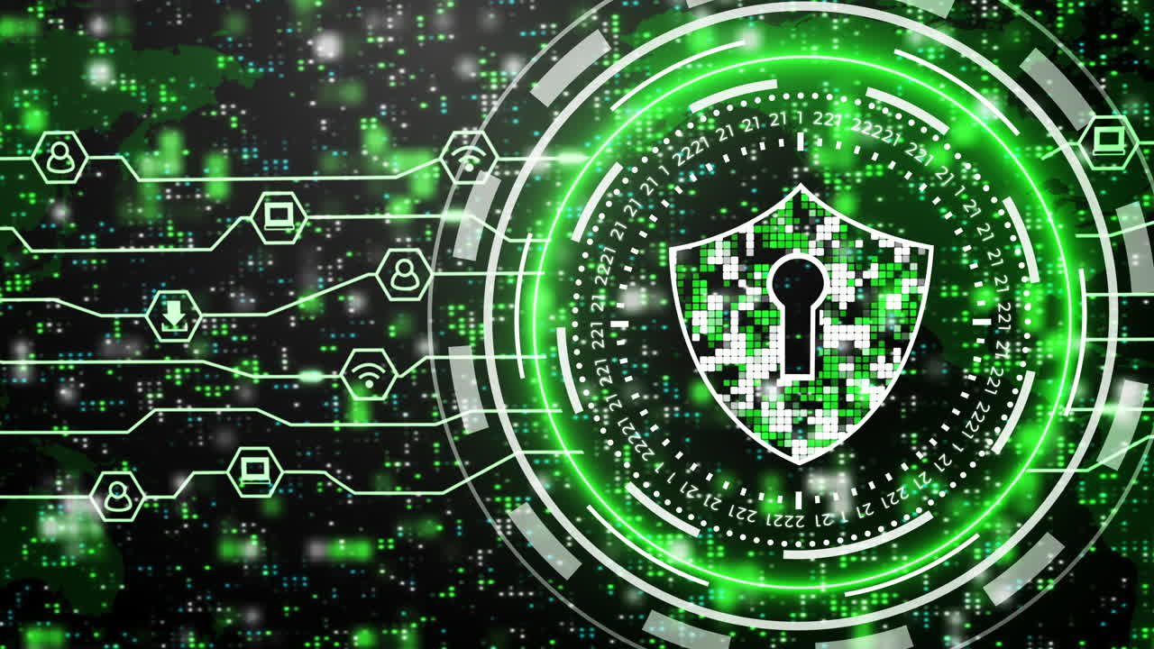 Network data protection cyber security lock shield. Motion graphics with green neon glowing internet user icons. Looped animated dark background with world map.