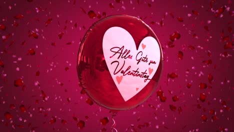 high quality seasonal motion graphic celebrating st valentine's day, with pink and red color scheme, balloon and falling red and pink rose petals - german message reads "alles gute zum valentinstag