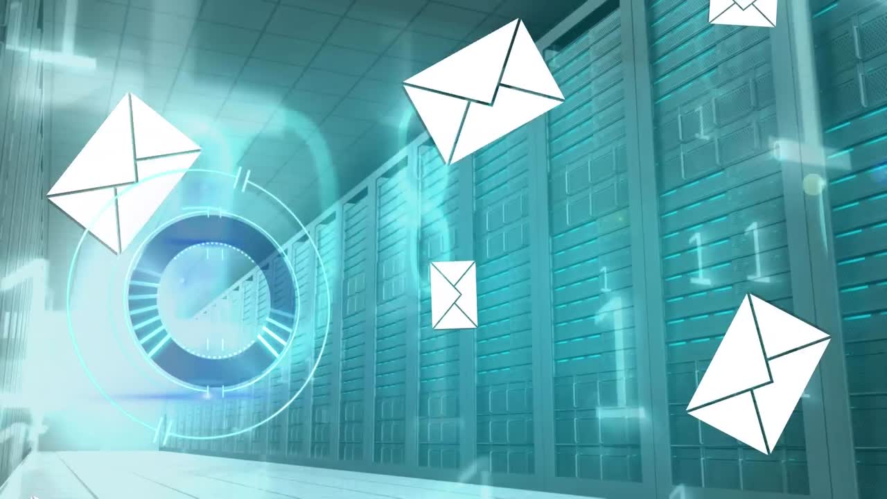 Animation of processing circle and emails floating over server room