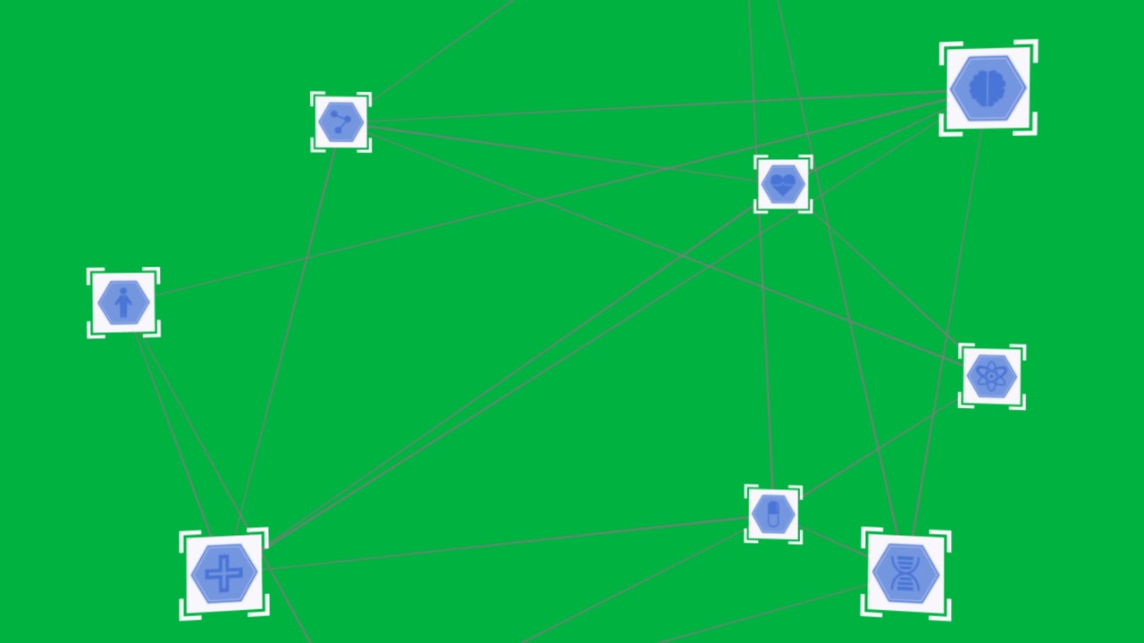 Animazione di più icone che si muovono con connessioni di rete su sfondo grigio.