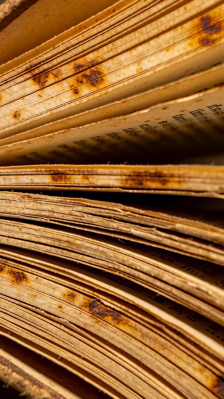 Video verticale: La telecamera in movimento rivela le pagine a taglio non rifilato di un libro antico in luce calda, per mostrare le macchie di fioritura.